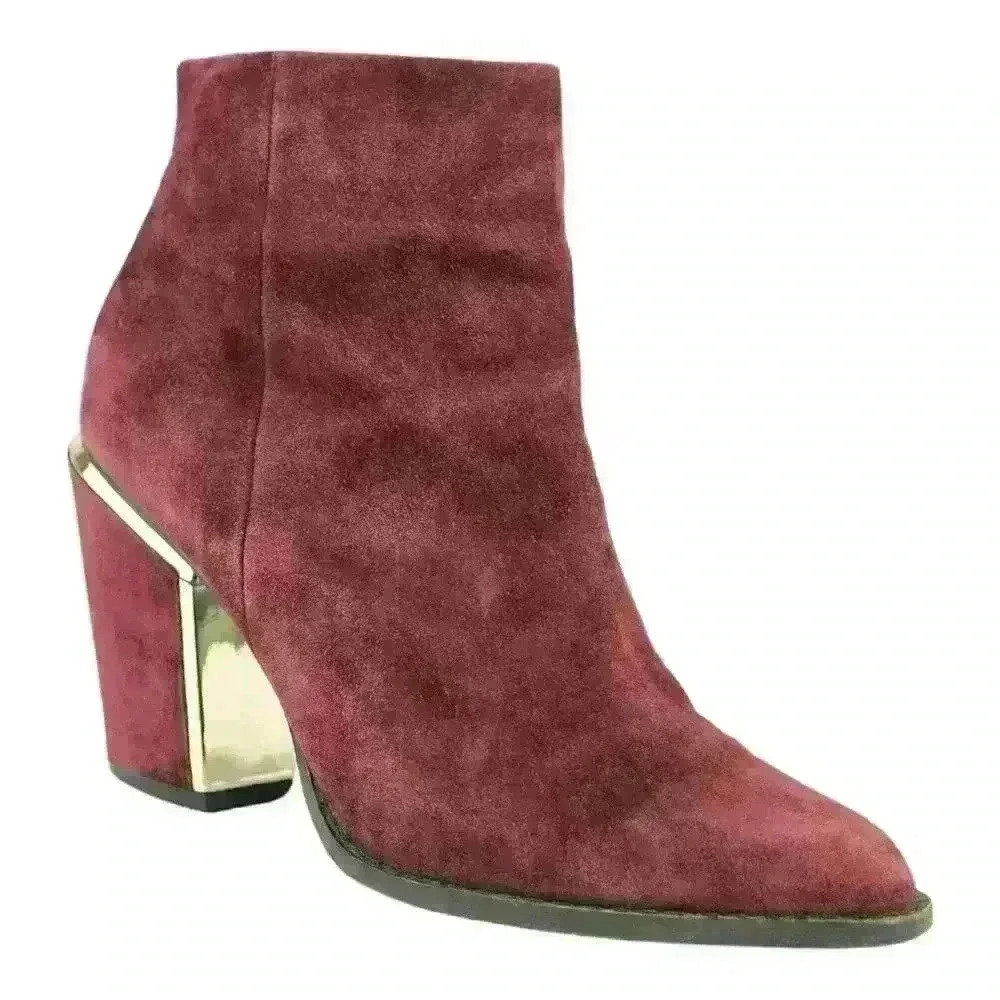 Aldo Burgundy Suede Ankle Boots Metallic Gold Chunky Heels  US 6.5 Date Night - Picture 6 of 16